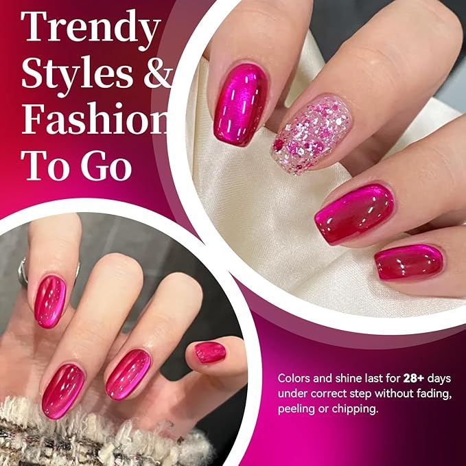 Born Pretty Pink Cat Magnetic Eye Gel Nail Polish 15ML,Spring Summer Hot Pink Jelly Glass Crystal Glitter Shimmer Translucent Gel Polish with Magnet,Soak Off U V Gels for Women Girl