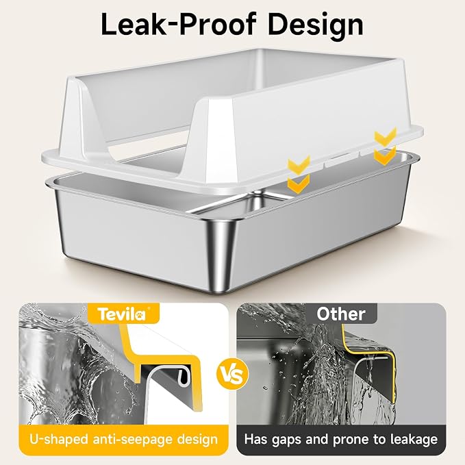 2 Pack XL Stainless Steel Cat Litter Box for Multi-Cat, Light Gray | High Sides, Extra Large Tall Wall Open Top Deep Metal Pan, Anti-Leak Non-Stick Odor Control, 2 Scoops Included