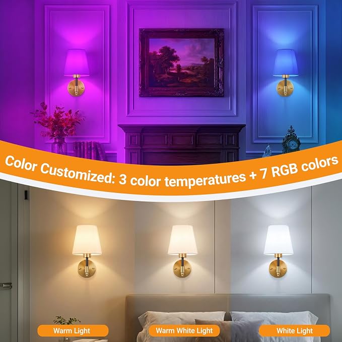 Nekhung Battery Operated Wall Sconce, Peel and Stick Sconces Set of 2 | Wireless Adhesive Stick On Wall Sconce, 10000mAh Rechargeable RGB Bulb with Remote, No Drill Wall Light for Bedroom Decor
