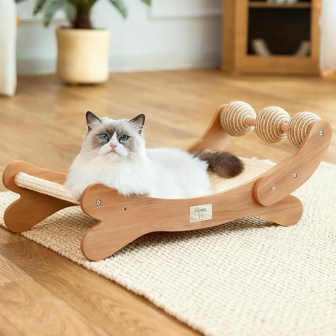Sisal Cat Scratcher Bed with 3 Ball, Hammock Lounge Indoor Cats | Scratch Pad & Furniture Protector, Modern Wood 3-In-1 Multi-Use for Scratching, Resting & Playing Large Cats Space-Saving
