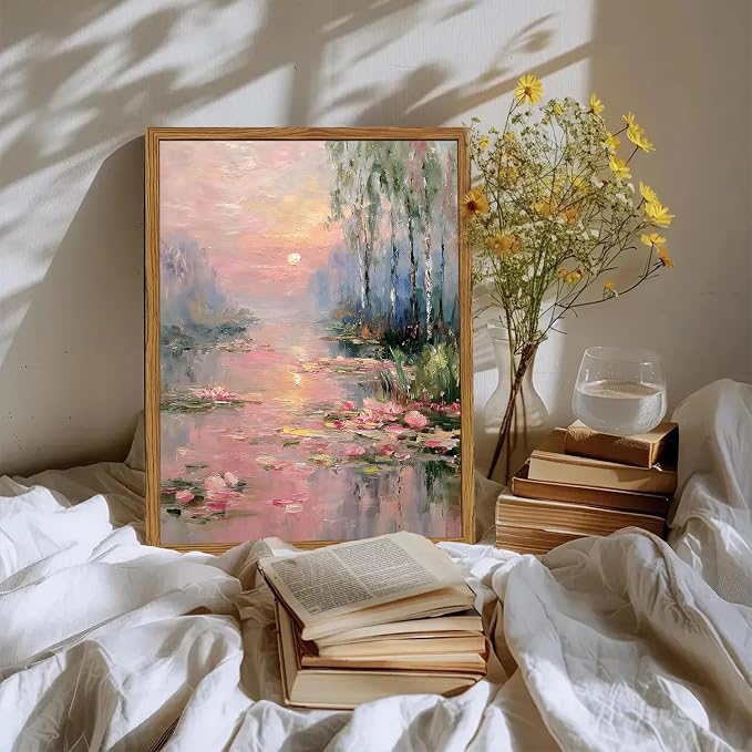 Framed Vintage Monet Canvas Wall Art, Pink Water Lilies Floral Pictures Wall Decor, Impressionist Sunset Landscape Paintings Prints Nature Aesthetic Artwork for Living Room Bedroom 12x16 inch