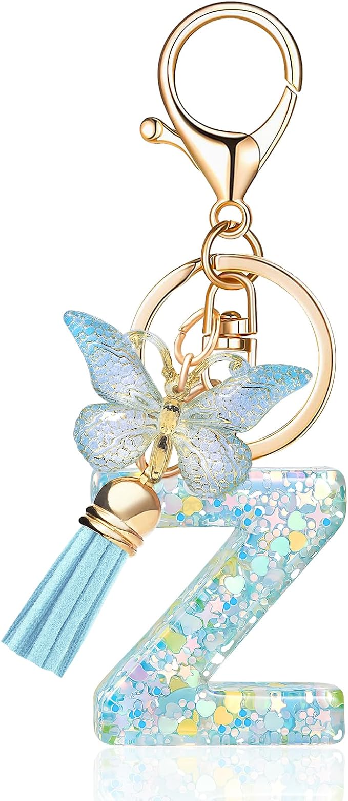 Fashion Alphabet Initial Letter Keychain Tassel Butterfly Pendant Key Ring for Purse Handbags Women Girl