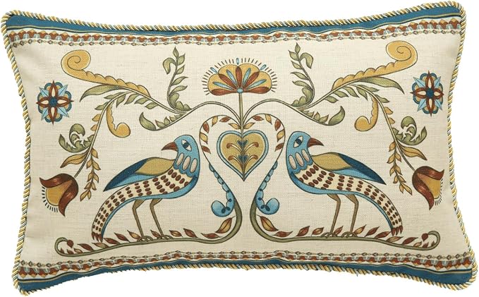 patdrea Designer French Vintage Linen Throw Pillow Cover,12"x20"-Wensel C | RusticDecorative Pillow Case,Bird and Floral Pattern,Cushion Coverfor Couch Living Room Bedroom Sofa