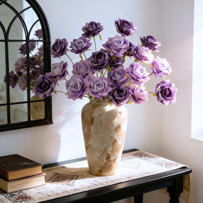 INXUGAO 6 Pcs Artificial Flowers Fake Roses for Outdoor, 28" Long Stem Silk Roses for Wedding Indoor Outside Party Decor, Realistic Faux Bouquet for Tall Vase Planter (Purple)