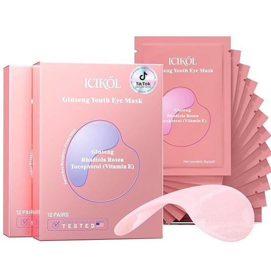 Ginseng Youth Under Eye Patches for Women - Smoothes Wrinkles & Firms Skin. Visibly Fades to Clear in 40 Mins, Fully Absorbed in 3Hrs. Pink, 24 Pairs.