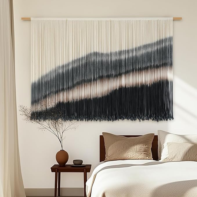 Jakalin Macrame Wall Hanging Black Dip Dye Fiber Tapestry Handmade 57"x35" | Fiber Yarn Wall Art,Craftsmanship,Hand-dip Dyed, Boho Style to Bedrooms, Living Rooms, Nursery ,Couch,or Entryways.