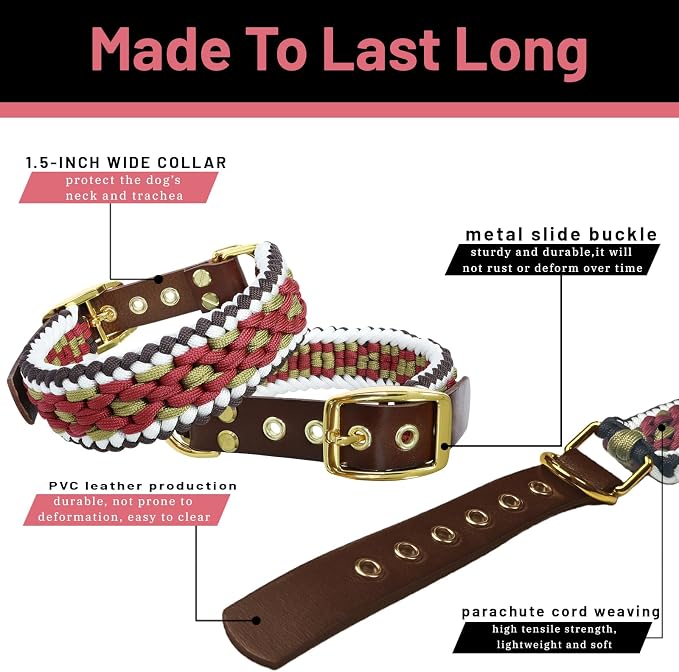 Rustic Autumn Weave Braided Paracord Wide Dog Collar, Adjustable Collar for Medium Large Dogs, Stylish Pet Gear for Boys Girls Dog, M