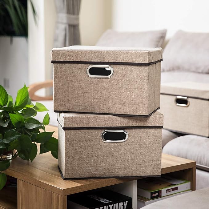 Collapsible Storage Containers with Lids [5-Pack] Jute Fabric Foldable Storage Bins Boxes Organizer Baskets Cube with Cover for Home Bedroom Closet Office Nursery (14.9x9.8x9.8)