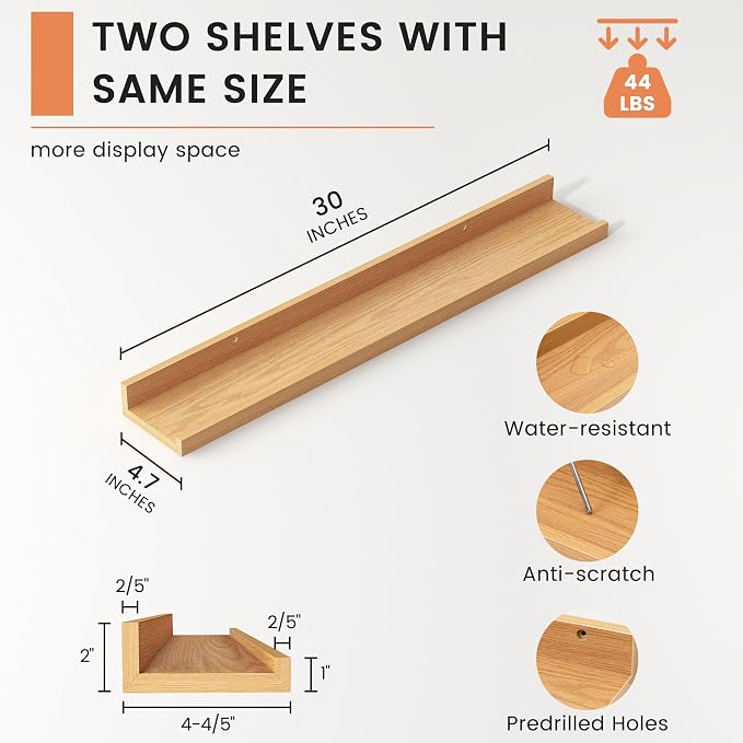Picture Ledge Shelf, Floating Shelves for Wall, 30" W Set of 2, Oak | FSC Certified Engineered Wood, Wall Mounted Bookshelf, for Nursery Living Room Bedroom, Pre-Drilled, Easy Install
