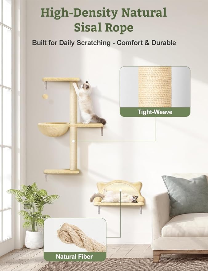 5-in-1 Cat Wall Shelves, Solid Wood Cat Wall Furniture Set for Indoor Cats | 44 lb per Shelf, 72-Hour Load Tested, Pre-Drilled, Fits 16 in. Stud Drywall & Solid Walls, for Small to Medium Cats