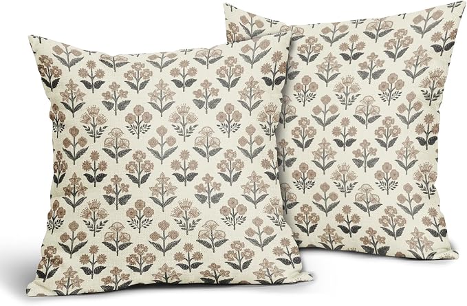 Black Brown Floral Block Print Pillow Covers 24x24 Inch Set of 2, Vintage Flower Pattern Decorative Throw Pillowcases Outdoor Farmhouse Antique Cushion Covers Spring Summer Rustic Sofa Couch Bed Decor