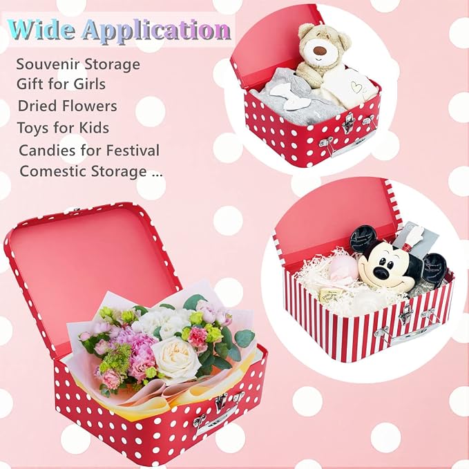 Paperboard Suitcases Set of 3 Decorative Storage Boxes With Lids, Red Gift Boxes With Lids, Nesting Gift Boxes for Disney Toys Barbie Doll Kids, Christmas or New Year Decoration