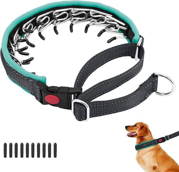 Martingale No Pull Dog Collar for Large Medium Small Dogs, Heavy Duty Nylon Reflective Adjustable Anti Pull Slip Collar with Buckle for Training Walking S Black Green