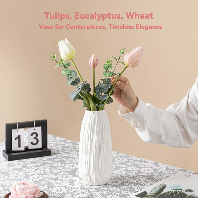 White Ceramic Vase with Woodgrain Texture & Vertical Lines - 9.3" Unique Flower Vase for Pampas Grass & Centerpieces, Farmhouse/Boho Decorative Vase for Living Room, Office Desk &Gift for Her/Yourself