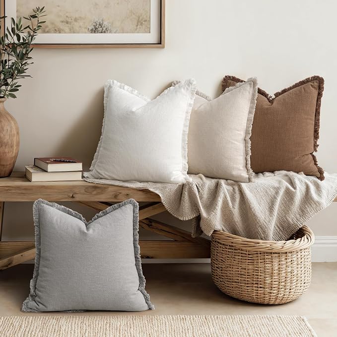 MIULEE Fall Linen Fringe Pillow Covers Set of 4 18x18 Beige/Brown/Grey | Boho Farmhouse Decorative Throw Pillow Covers, Neutral Soft Rustic Cushion Cases, for Couch Sofa Bed Living Room Home Decor