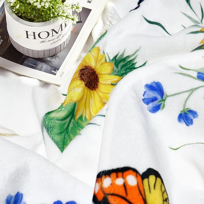 Sunflower Throw Blanket Ultra Soft Butterfly Floral Blanket Cozy Flannel Fleece Bed Blanket Lightweight Fuzzy Plush Flowers Couch Cover Sunflowers Gifts Throw Decor for Women Girls 60" X 80"