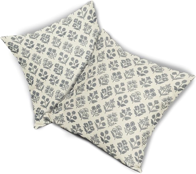 Dusty Blue Floral Pillow Covers 22x22 Inch Set of 2, Vintage Flower Block Pattern Decorative Throw Pillowcases Outdoor Farmhouse Cushion Covers Spring Summer Rustic Decoration Sofa Couch Bed Decor
