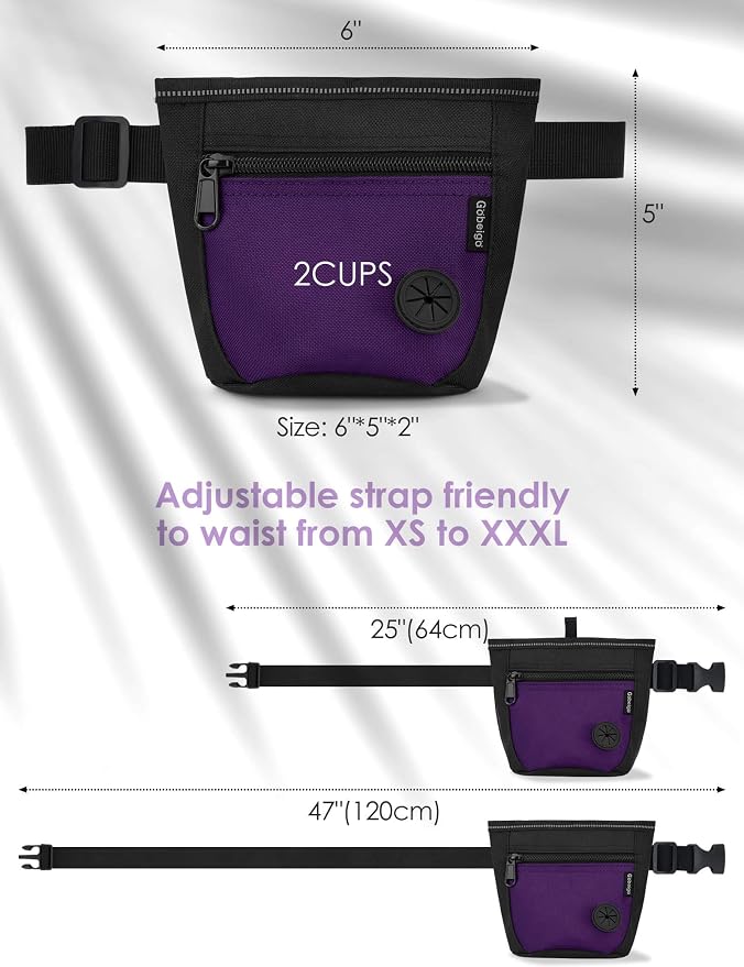 Gobeigo 2 Cup Dog Treat Pouch with Training Clicker(Black/Purple) | 2 Pair Magnetic Closures, Zipper Pocket with Poop Bag Holder, Waist Belt & Metal Clip to Wear for Pet Training/Daily Walking
