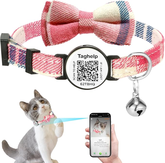 Personalized Cat Collar with smart ID Tag,Breakaway Cat Collar with Bells,Bow Tie Cat Collar with On ID Tags for Boys and Girls Safety Plaid Kitten Collars with QR ID Tag for Cats (Pink)