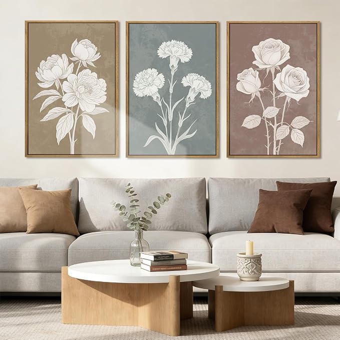 BINCUE Extra Large Neutral Botanical Wall Art Decor Floral Painting Flower Print for Living Room Bedroom Bathroom Dining Room 24x36 Inches 3 Piece