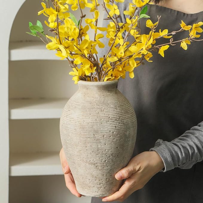 Vanselia Ceramic Flower Vase Home Decor - Large Farmhouse Table Vases Rustic Vintage Living Room Kitchen Bedroom Decorations for House Book Shelf Office Coffee Desk Dining Fireplace (9" Retro)