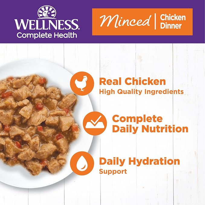 Wellness Complete Health Minced Adult Canned Wet Cat Food, Natural, Protein Rich, Grain Free, Chicken Dinner Recipe, 5.5 oz, Pack of 24 Cans