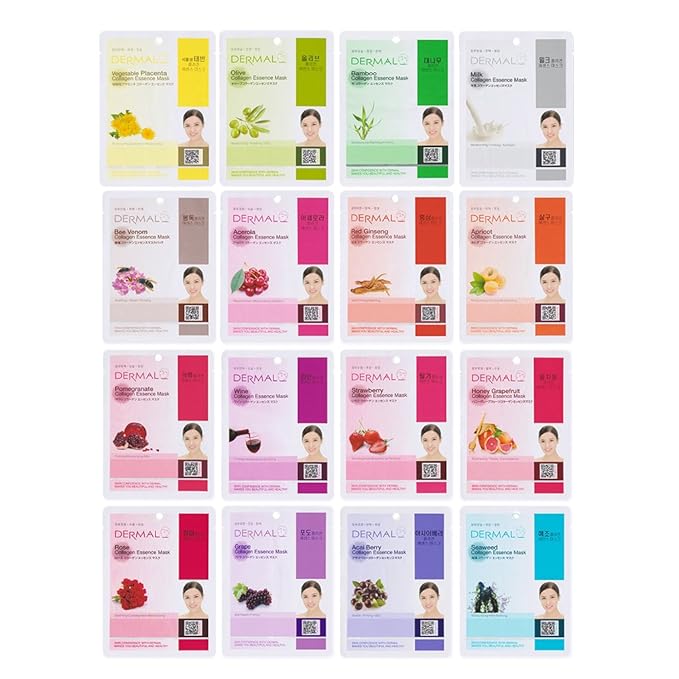 DERMAL Collagen Essence Sheet Mask 16 Combo Pack - 16 Days Daily Skin Therapy for Glow - Variety Gift Set - K-Beauty