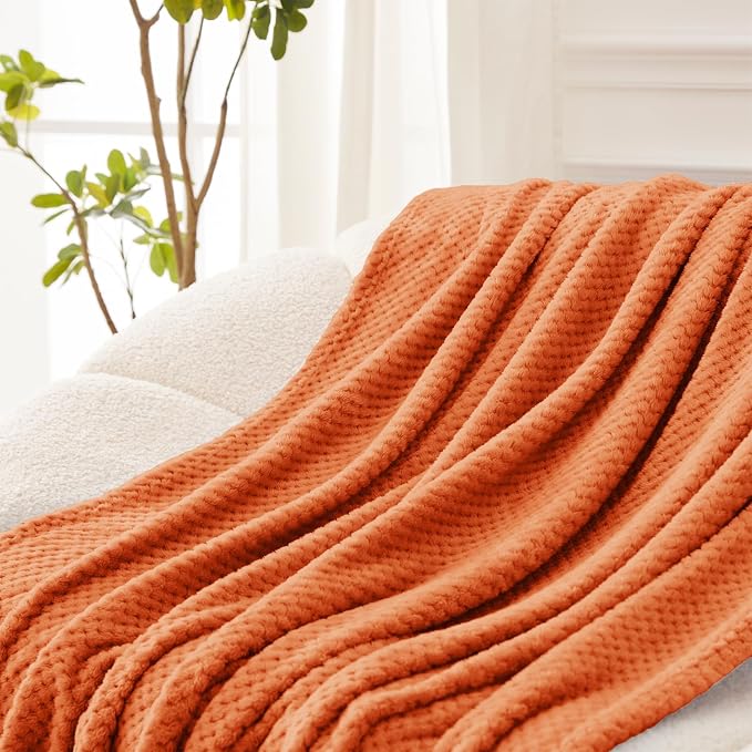 Exclusivo Mezcla Soft Waffle Fleece Bed Blanket Queen Size, Burnt Orange | Lightweight Plush Blanket for Bed, Bedroom, Cozy Flannel with Waffle Texture, Stylish Home Decor, All Season, 90x90 Inches