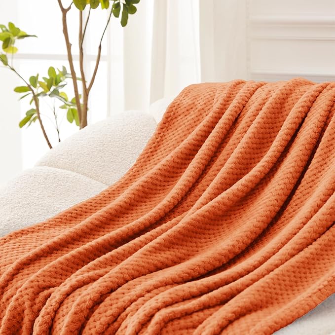 Exclusivo Mezcla Large Waffle Fleece Throw Blanket for Couch, Burnt Orange | Lightweight Soft Blanket for Sofa, Bed, Living Room, Plush Fluffy Throw for Home Decor, Travel, All Season, 50x70 Inches