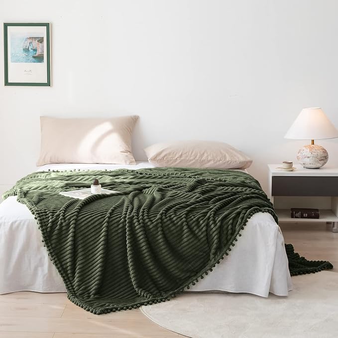 DISSA Fleece Blanket Throw Size – 51x63, Olive Green – Soft, Plush, Fluffy, Fuzzy, Warm, Cozy – Perfect Throw for Couch, Bed, Sofa - with Pompom Fringe - Flannel Blanket Throw Blanket