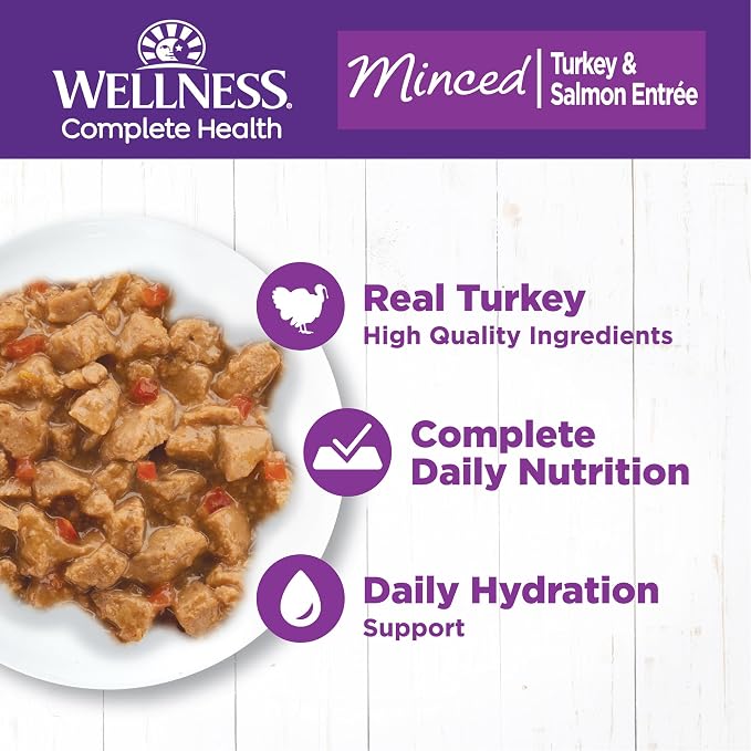 Wellness Complete Health Minced Adult Canned Wet Cat Food, Natural, Protein Rich, Grain Free, Turkey and Salmon Entrée Recipe, 5.5 oz, Pack of 24 Cans
