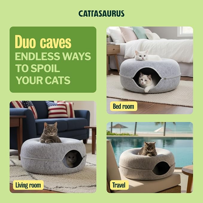Peekaboo Cat Cave Donut for Multiple & Large Cats up to 30-45 lbs, 3-in-1 Self Warming Cat Bed, Tunnel & Scratcher for Indoor Cats, Washable & Detachable (Light Gray + Light Gray, Large)