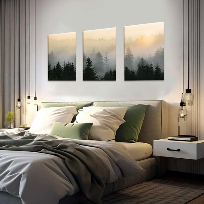 Bwodke Misty Forest Mountain Canvas Wall Art Set of 3, 12x16 inch | Nature Landscape Wall Decor, Misty Forest Mountain Prints, Living Room Bedroom Office Art
