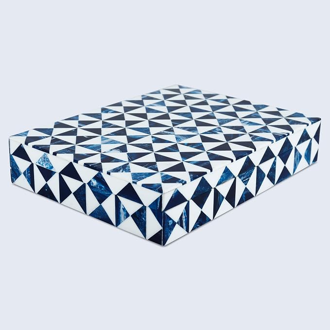 Handicrafts Home Blue and White Decorative Storage Box with Lid – Slim Rectangular Storage Box, Handmade Resin Inlay Wooden Box, Remote Holder, Desk Organizer, Decorative Keepsake & Jewelry- 6x8x1.5