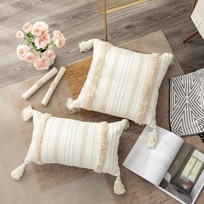 Lumbar Decorative Boho Throw Pillow Cover, 12 x 20 Farmhouse Cute Pillowcase Minimalist Neutral Collection Cream White Tufted with Tassels Woven Cushion Cover for Sofa Couch Bedroom Living Room