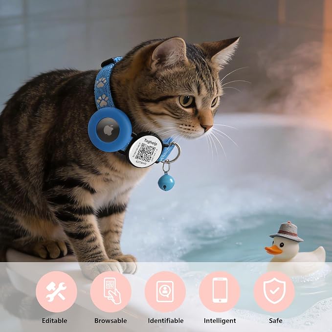 2 Pack Airtag Cat Collar, Breakaway Cat Airtag with Smart ID tag & QR Code Reflective (Reflective Strip & Paw Pattern - Blue, with Integrated AirTag Holder)