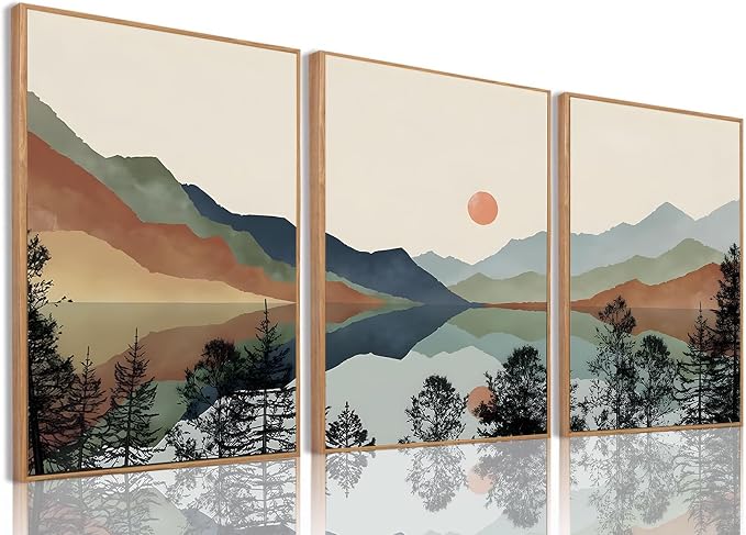 Blue Mountain Framed Canvas Wall Art Set of 3, 16x24 inch | Boho Watercolor Wall Decor, Blue Mountain Sun Forest Prints, Living Room Bedroom Office Art