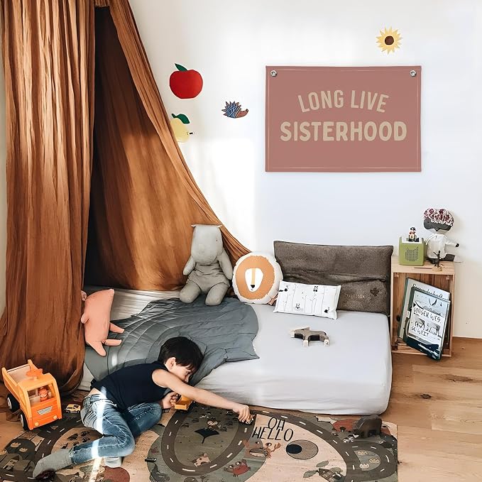 Girl Room Decor Long Live Sisterhood Linen Banner Hanging Flag Pink Banner for Nursery Playroom Wall Decor for Kids Bedroom Dorm Toddler Decorations Trendy Room Decor 30x20 In (Sisterhood)