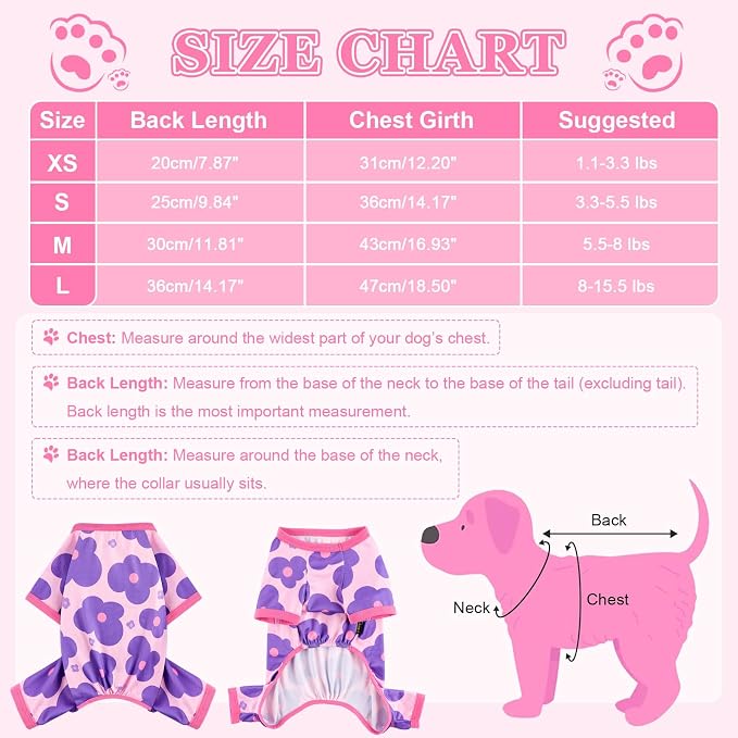 DaFuEn Dog Pajamas for Small Dogs - Soft Stretchy 4-Legged Puppy Onesie & Jumpsuit - Breathable Dog PJs Sleepwear Clothes for Yorkie, Chihuahua, Toy Poodle, Boy & Girl (Purple Flowers,S)