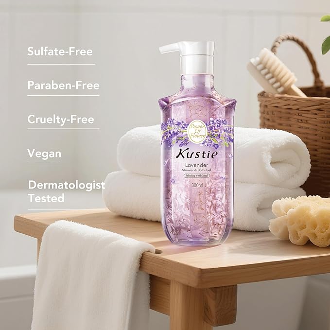 Kustie Lavender Petal Body Wash – Real Visible Provence Petals with Tea Tree Oil | Oil-Control & Pore-Clearing Cleanser for Balanced Skin | Free From Paraben, Sulfate & Phthalate | 12.8 Fl Oz