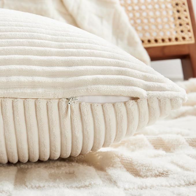 Fancy Homi Cream Lumbar Decorative Throw Pillow Covers 16x28 Inch for Living Room Couch Bed Sofa, Rustic Farmhouse Boho Home Decor, Soft Striped Corduroy Rectangle Accent Cushion Case 40x70 cm