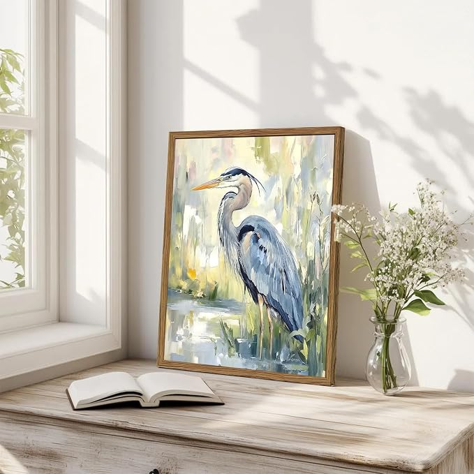 Framed Blue Heron Wall Art, Watercolor Sea Bird Pictures Wall Decor, Coastal Nature Wildlife Animal Paintings Canvas Prints for Living Room Bedroom Bathroom Office Home Decor 12x16 inch
