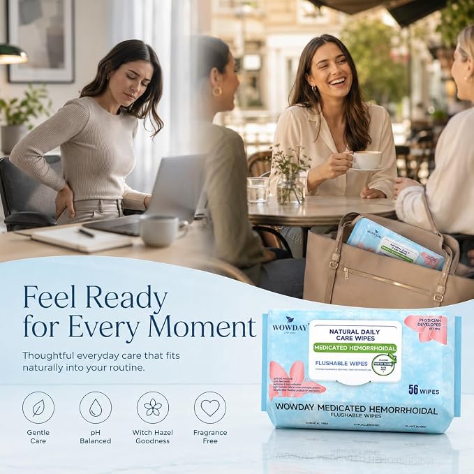 Flushable Hemorrhoid Wipes | Medicated Witch Hazel Wipes Ph Balanced | 120 Count Natural Fragrance Free Adult Hemorrhoids Witch Hazel Wipe for Butt Itch