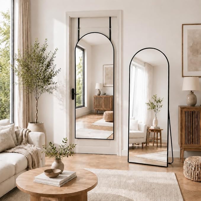 Antok 58" x21” Arched Full Length Floor Mirror, Black Aluminum Frame, Free Standing/Wall Mount/Leaning for Bedroom, Living Room, Dressing Room