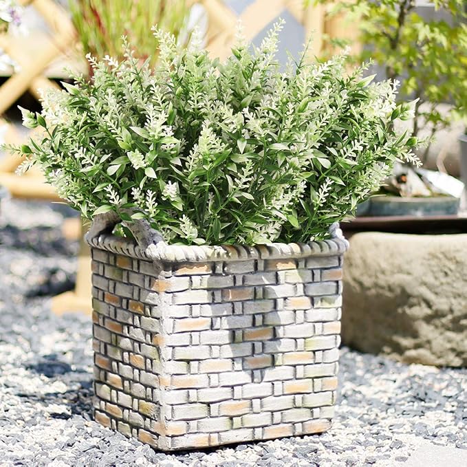 RECUTMS Artificial Plants Lavender, 8 Bundles Outdoor UV Resistant Greenery | Faux White Flowers For Outdoor Planters Fake Shrubs Simulation Plants Filler Indoor Outside Hanging Planter Home Garden Decor