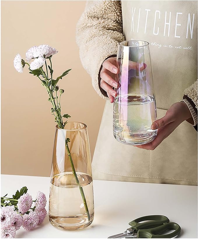 FANTESTICRYAN Modern Glass Vase, 8.7''H Decor Flower Vases Iridescent Clear | Crystal Clear Colored Vase, Fresh/Faux Floral Vases, For Home Office Table Centerpiece Decor Housewarming Gift for Lover