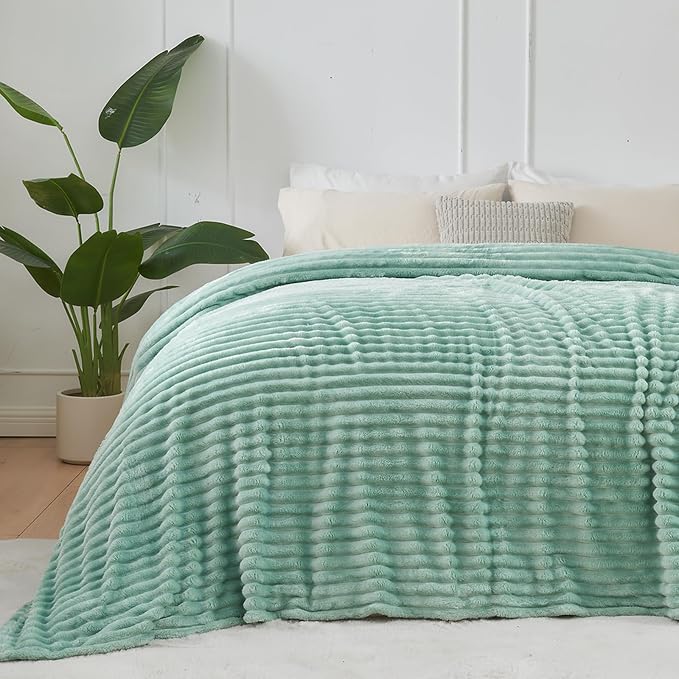 NEWCOSPLAY Fleece Ribbed Cozy Throw Blanket for Couch, Mint Green, 50"x60" | Premium Silky Flannel Blanket, Soft Lightweight Fluffy Throw Blanket for Bed Sofa Decor, Gift for All Season Use