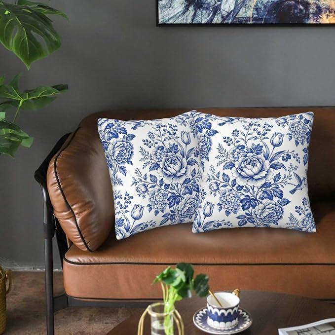 Blue White Chinoiserie Floral Throw Pillow Covers 18x18 Set of 2 Farmhouse Decorative Cushion Cases Home Decor