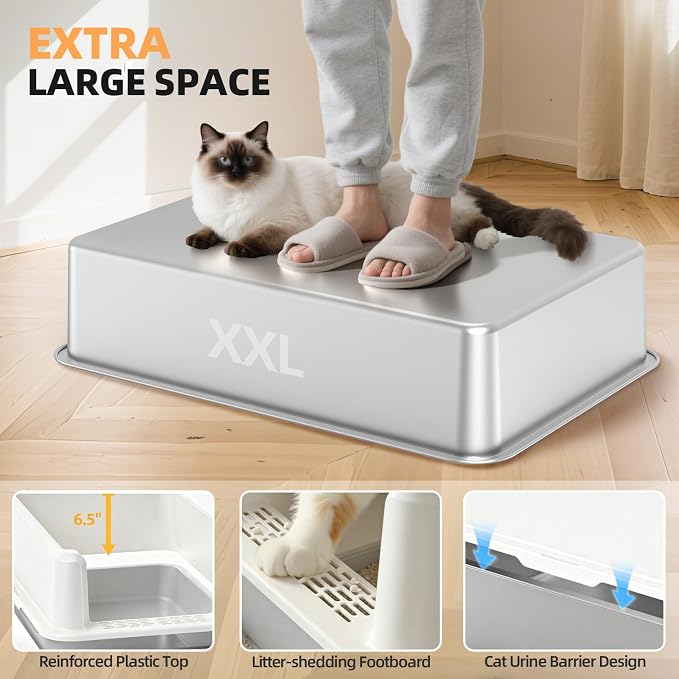 WoofiGo XXL Stainless Steel Cat Litter Box, High Sided Open Top Litter Pan | Anti-Urine Leakage Design, Spacious Interior for Big Cats, Non-Stick, Odor Resistant, Easy Clean, Scoop Included (White)