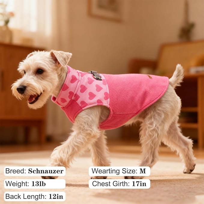 Fleece Dog Sweater - Valentine's Day Romantic Heart Dog Jacket, Winter Coat Vest with 2 D-Rings for Leash, Warm Pet Cold Weather Clothes Sweatshirt Outfits for Puppy Boys or Girls Pink L